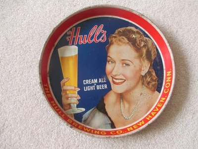 VINTAGE GRAPHIC HULL'S BEER 12" METAL TRAY LADY WOMAN HULL BREWING NEW HAVEN CT - Image 1 of 4