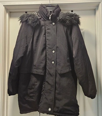 Basic Editions Black Winter Coat Women’s Large Faux Fur Hood Warm Quilted Lined - Image 1 of 4