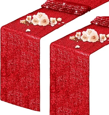 Red Sequin Table Runner 12x108 inch Wedding Party Decor Shiny Sequin Runner 2 pk - Image 1 of 2