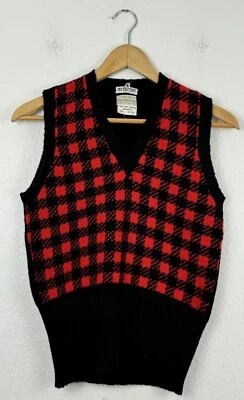 Chaleco Suéter Vintage Nordstrom 100% Lana Shetland Rojo Negro Cuadros Hecho en Reino Unido Foto 1 de 4