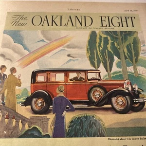 1930 GM OAKLAND EIGHT Ad Red CUSTOM SEDAN Art Deco Classic Car Rainbow Travel - Picture 1 of 2