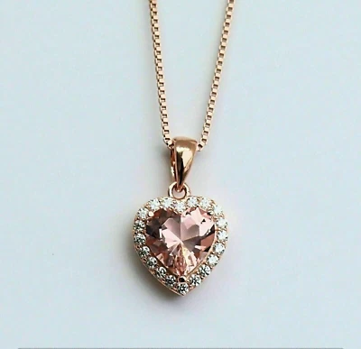 1.2Ct Heart Cut Simulated Morganite Diamond Pendant Chain Gold Finish 925 Silver - Image 1 of 4