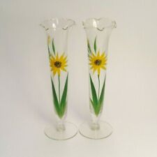 Lot of 2 Hand Painted Glass Vases w/Scalloped Top Green Yellow Black Flowers