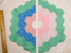 Antique Cotton Fabric 1930s Grandma's Garden 2 Quilt Blocks Hand Pc'd 16.5" - Picture 1 of 3