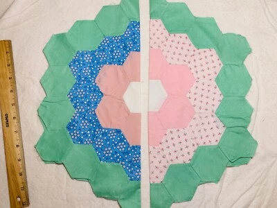 Antique Cotton Fabric 1930s Grandma's Garden 2 Quilt Blocks Hand Pc'd 16.5" - Image 1 of 3