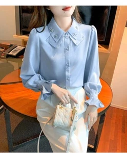 Long Sleeve Chiffon Shirts Women Fashion Korean Style Office Ladies Tops Blouses - Picture 1 of 11