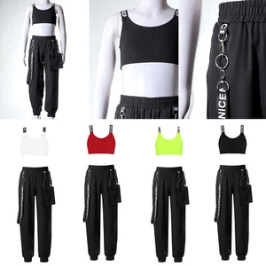 Kids Girls Sports Suit Workout Dance Outfit Metal Chain Crop Top With Pants Gym - Picture 1 of 44