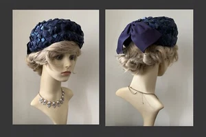 Vintage 1960s Blue Turban Style Woven Polyester Straw Hat Rear Bow Fully Lined - Picture 1 of 12