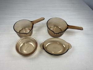 4 Pc Set Corning Amber Visions Sauce Pans Pots 0.7L, 1.0L, V-14-B, C-16-B U.S.A. - Picture 1 of 10