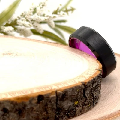8mm Brushed Black Tungsten Ring Vibrant Pink Interior fashionable Unisex Band - Image 1 of 4