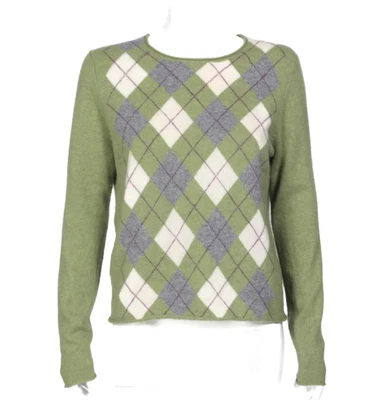 TWEEDS Green Gray Ivory Argyle Sweater Womens Crewneck Cashmere size L/XL /874 - Image 1 of 4