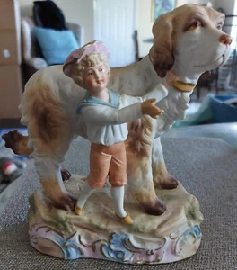 19TH CENTURY GERMAN BISQUE PORCELAIN BOY & DOG HEUBACH FIGURINE - Picture 1 of 12