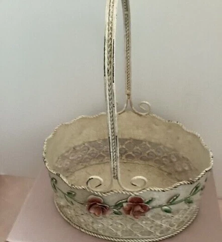 Shabby chic Vintage metal floral basket with handle, green vines. VVC Cover