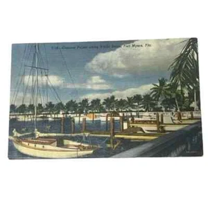 Postal Coconut Palms Along Yacht Basin Ft Myers Florida Linen B715 - Imagen 1 de 2