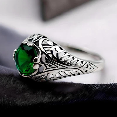VINTAGE STYLE 925 SOLID STERLING SILVER SIMULATED EMERALD FILIGREE RING 1805 - Image 1 of 3