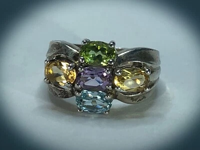 Vintage NATURAL 4-Color TOURMALINE Sideways Cross Sterling Men's Pinky Band Ring - Image 1 of 4