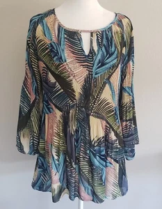 SPENSE Blouse Top Size M Abstract Keyhole Neck Pleated 3/4 Sleeve Semi Sheer - Picture 1 of 8
