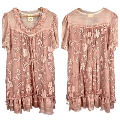 PRETTY ANGEL Women's S Pink Silk Blend Chiffon Babydoll Embroidered Floral Dress - Image 1 of 4
