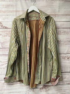 Robert Graham Shirt Mens Green/Gold Striped French Cuff  XL  Button Damage MS-30 - Picture 1 of 10