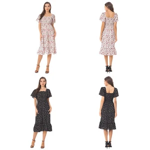Women Floral Dress Calf-length Midi Dress Short-sleeve Cinched Dress High-waist - Picture 1 of 39