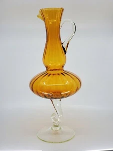 Glass amber pedestal Pitcher Wide Bottom Ornate Clear Stem Line optic 17.5 " - Picture 1 of 11