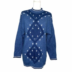 Vintage blau Rautenmuster Oversize Pullover M Liz Wear Baumwolle oversized gpa - Bild 1 von 5