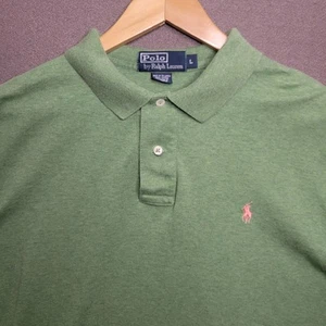 Polo Ralph Lauren Mens Size Large Green Polo Shirt Pink Pony Logo Soft Cotton SS - Picture 1 of 14