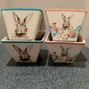4 Ciroa Easter Parade Square Porcelain Tid Bit Bowls - Bunny Rabbit with Flowers - Picture 1 of 3