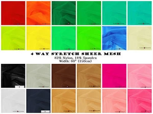 1 yard 4way Stretch Sheer Mesh Net Fabric - Dancewear Gymnastic Bridal Lingerie - Picture 1 of 34