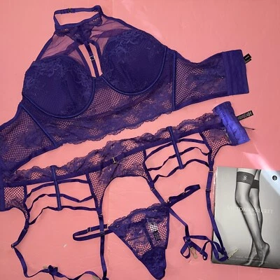 Victoria's Secret M-DD 36DD CORSET BRA TOP SET+garter+thong PURPLE FISHNET Lace - Image 1 of 4