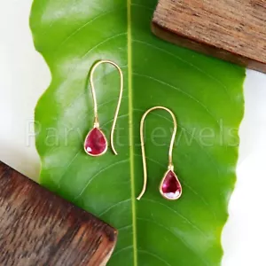 Natural Pink Ruby Pear Solid 18K Gold Anniversary Gift For Mom Dangle Earrings - Picture 1 of 7