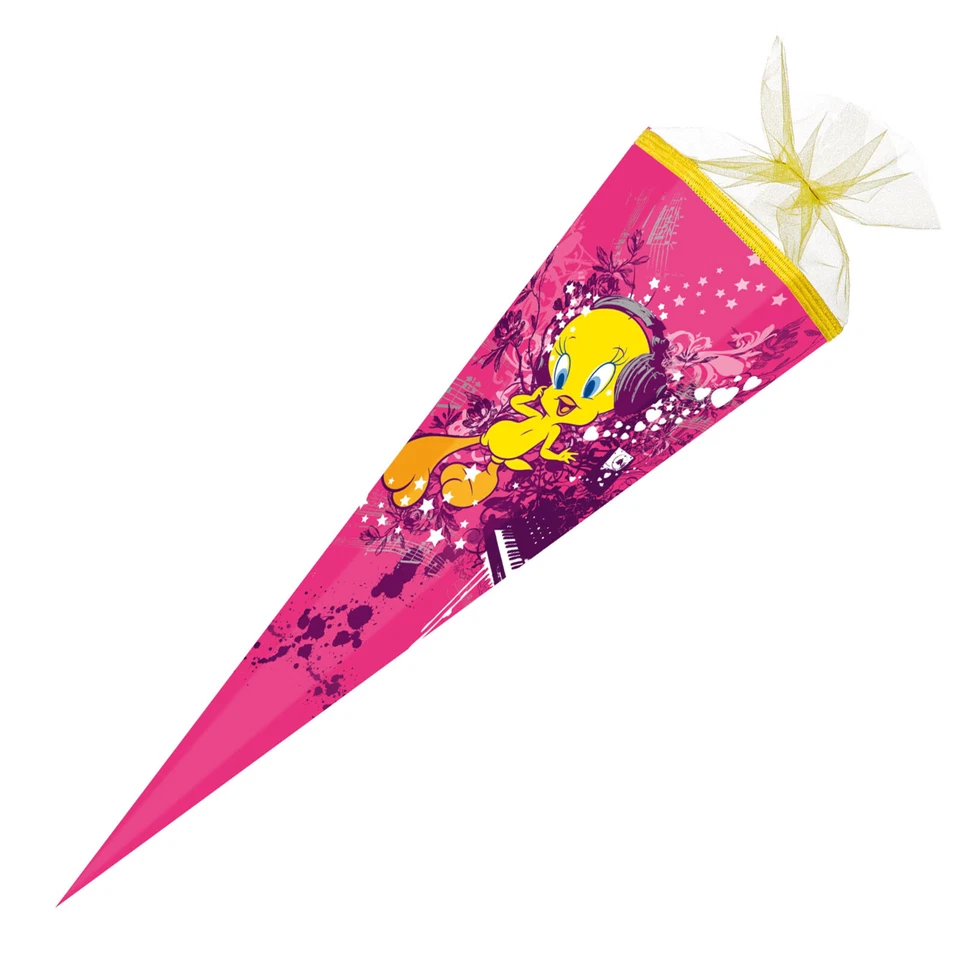 NESTLER Schultüte TWEETY 85 cm 6-eckig große Zuckertüte mit Borte & Tüll gelb Vogel rosa