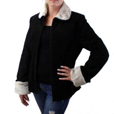 Abrigo chaqueta de cuero de gamuza negro mediano con ropa exterior de piel sintética tostada clara Foto 1 de 3