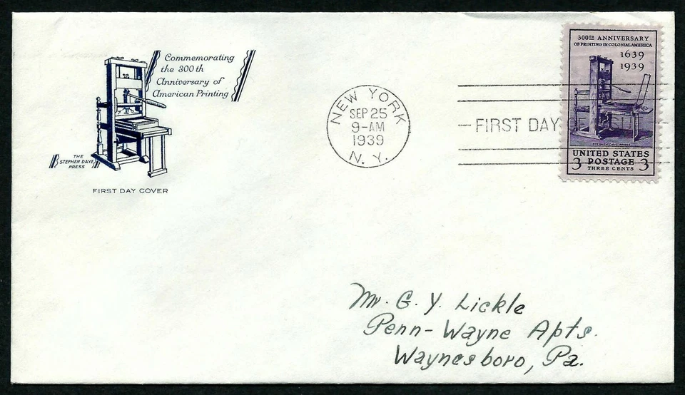 USA, SCOTT # 857, FDC COVER PRINTING OF COLONIAL AMERICA STEPHEN DAYE PRESS 1939 - Image 1 of 1
