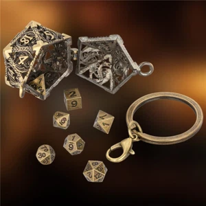 Tiny Dice Set Vintage Style Keychain D20 Case Antique 7pcs Small Metal DND Dices - Picture 1 of 12