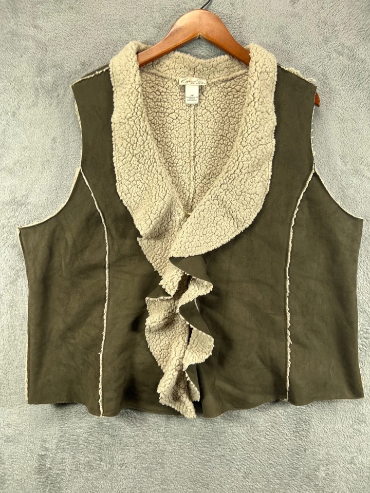Kim Rogers Womens Plus 2X Faux Brown Suede Faux Fur Sherpa Vests Lined Western - Image 1 of 4