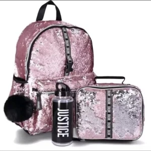 Justice Girls Sequined 4-Piece Backpack Set with Lunch Bag Rose Gold NWT Girly - Picture 1 of 8