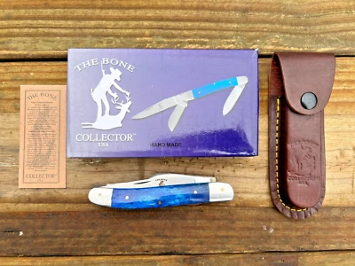 Faca de bolso colecionadora de ossos - 3 lâminas - cabo de osso azul - bainha de couro - aço inoxidável - Imagem 1 de 4