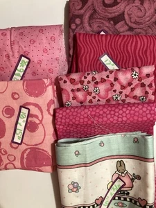 Lot of 7 Fabric Scraps Pinks Hearts Rabbit Swirls Lot #39 - Picture 1 of 8