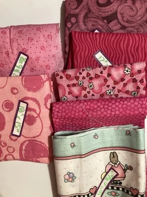 Lot of 7 Fabric Scraps Pinks Hearts Rabbit Swirls Lot #39 - Image 1 of 4