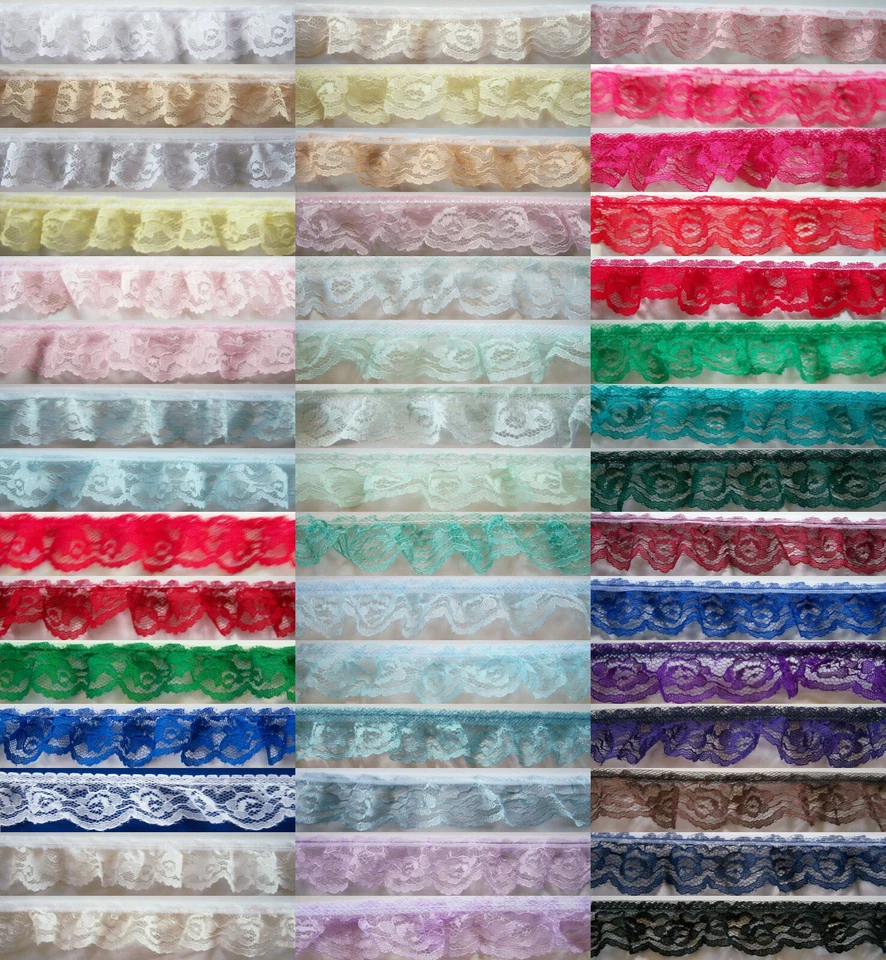 SEW-BIZ FABRICS 3 Yards Ruffled/Gathered 1" - 1 1/4" Nylon Lace Color Choices