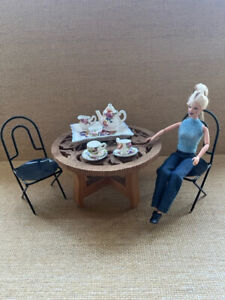 Barbie diorama wood table chairs and Tea set