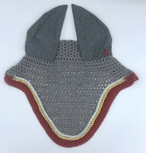  Horse Fly Bonnet Crocheted in Grey with Silver Gold and Red Accents - Picture 1 of 6