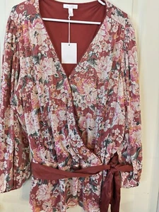 3X LC Lauren Conrad Top Women’s Red Tie Waist Faux Wrap Blouse Sequin Floral - Picture 1 of 14