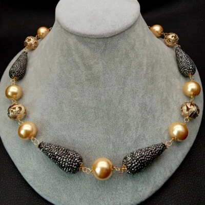 21" 16mm Yellow Sea Shell Pearl Necklace CZ Pave Connector - Image 1 of 4
