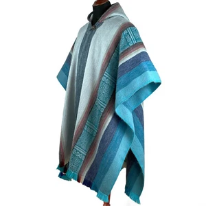 Lightweight Baby Alpaca Wool Poncho Handmade S.American Artisans Blue Turquoise - Picture 1 of 9