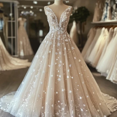 Princess Light Champagne Wedding Dresses with Stars V Neck Lace Appliques Bridal - Image 1 of 4