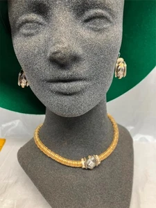 Collar largo gargantilla vintage con clip a juego conjunto pendientes oro, plata - Imagen 1 de 12