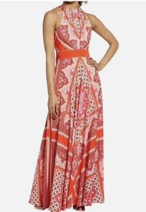 Maxi Vestido Eliza J Mujer 10 Naranja Rojo Rosa Paisley Bufanda Estampado Halter Nuevo con Etiquetas - Imagen 1 de 13