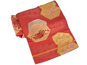 VTG Nagoya Obi Silk Orange Tone Brocade Golden Kikko Design - Picture 1 of 4